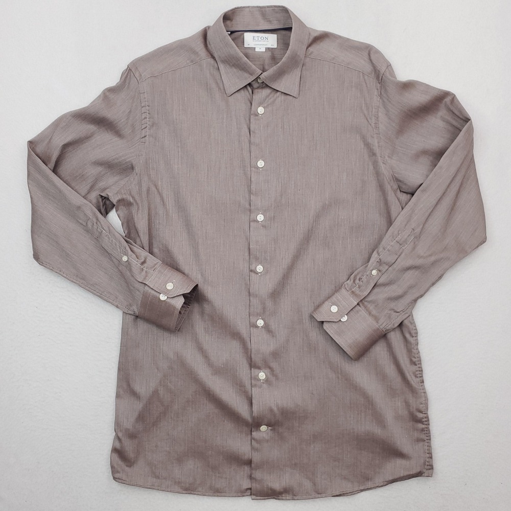 Eton Dress Shirt Mens 16 Brown Herringbone Fine Twill Lightweight Contemporary